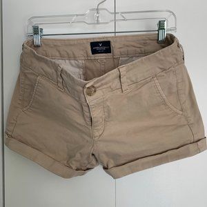 American Eagle Khaki Midi Stretch Shorts